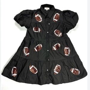Peach Love California Black Football Sequin Tiered Dress NWT Large